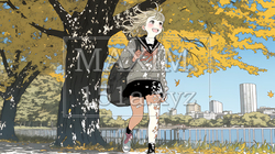 水辺の紅葉の小径を散策している若い女性｜292505-5837