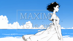 一人旅の若い女性と夏のビーチの風景（シンプルな色使い）｜3190225-10020