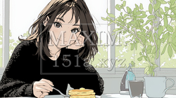 早朝のダイナー（喫茶店）でパンケーキ（モーニングセット）を食べる若い女性