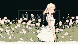 バラ園を散策している若い女性（シンプルな色使い） | 283251-11055