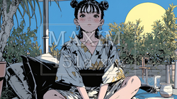 一人で月見酒をしている若い女性