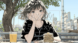 早朝のダイナー（喫茶店）でパンケーキ（モーニングセット）を食べる若い女性｜2825716-15599