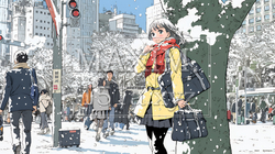 雪の積もる冬の都会を散策している若い女性