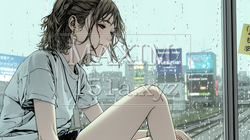 思案・反省・諦め；窓から流れ落ちる雨粒を見つめる若い女性 | 2844139-15318