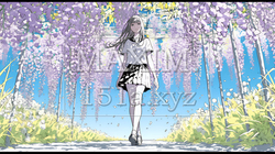 満開の藤の花の下を歩いている女子高生