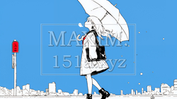 雨の日に傘をさして歩く若い女性（シンプルな色使い）｜2920777-9247