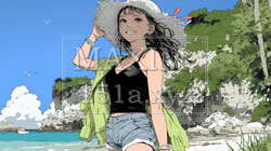 夏の南国の海辺を一人で旅行中の若い女性