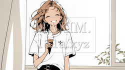 夏空の下でソフトクリーム（コーンに乗ったアイスクリーム）をたべる若い女性（シンプルな色使い）｜3120372-9949