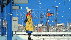 雪の降るホームで電車待ちをしている若い女性