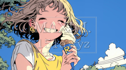 夏空の下でソフトクリーム（コーンに乗ったアイスクリーム）をたべる若い女性｜671354-9951