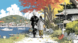 旅先で紅葉観光をしている若いカップル
