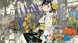 満開の春の花々と若い女性