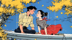 紅葉の湖でボートに乗っている若いカップル
