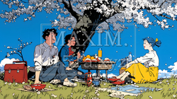 満開の桜の下で仲間たちと花見宴会｜2918959-7339