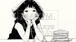 早朝のダイナー（喫茶店）でパンケーキ（モーニングセット）を食べる若い女性（シンプルな色使い）｜2835032-15612