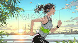 夕方の街並みを背景にジョギングをする若い女性 | 2958329-16438