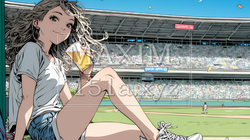 野球などの屋外スポーツを観戦しながら、ビールを楽しむ若い女性。 | 2959123-9554