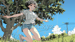 喜びにあふれ、軽やかにスキップする若い女性 | 2981654-17001