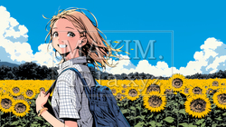 真夏の青空のもと、ヒマワリ畑を散策している若い女性｜3267461-8777