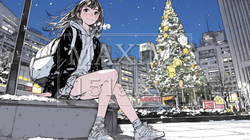 クリスマスイルミネーションが美しい街を散策する若い女性