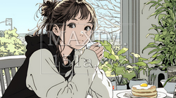 早朝のダイナー（喫茶店）でパンケーキ（モーニングセット）を食べる若い女性｜220479-15617