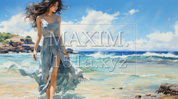 南国の青い空の下、美しい浜辺を歩く若い女性：水彩画