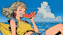 スイカを海辺て食べている若い女性