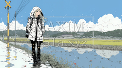 雪解けでぬかるんだ道を歩く若い女性 | 2990205-15004