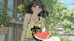 スイカを縁側で食べている若い女性 | 2996924-9899
