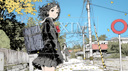 紅葉の道を通学する女子高生