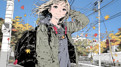 紅葉の道を通学する女子高生