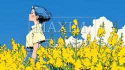 菜の花畑にいる若い女性