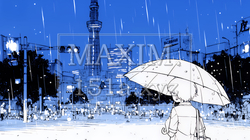 雨の中を歩く女性（シンプルな色使い）