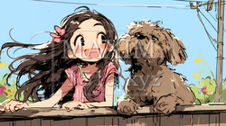 愛犬と散歩をしている女の子（クレヨン＋水彩画風）｜2881744-12863