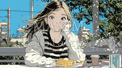 早朝のダイナー（喫茶店）でパンケーキ（モーニングセット）を食べる若い女性｜2947703-15640