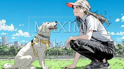 愛犬を調教している若い女性｜
