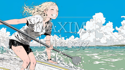 海でSUP（サップ）を楽しむ若い女性（ライフジャケットとリーシュコードの装着は必須だよ）｜爽やかなマリンスポーツ・夏のレジャーイラスト | 3047202-20478
