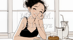早朝のダイナー（喫茶店）でパンケーキ（モーニングセット）を食べる若い女性（シンプルな色使い）｜3046943-15605