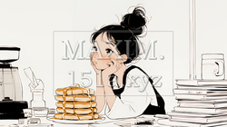 早朝のダイナー（喫茶店）でパンケーキ（モーニングセット）を食べる若い女性（シンプルな色使い）｜3062782-15646