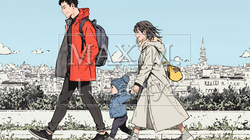 仲の良い家族：父親、母親、その子どもが仲良く連れ立って歩いている | 3081961-12644