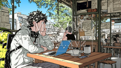 カフェでフリーランスや学生が仕事や勉強をしている