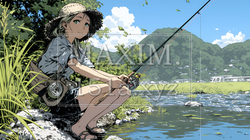 岸から魚釣りを楽しむ若い女性｜渓流・自然・アウトドア・ライフスタイル | 309506-17548