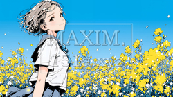 春風の中、菜の花畑にいる制服姿の女子高生 | 3095783-15365