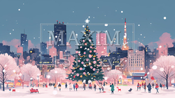 イルミネーションが彩るホワイトクリスマスの都会（ポップでキュートな表現） | 3109341-12797