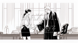 法衣を着た裁判官と握手をするビジネスウーマン（シンプルな色使い）