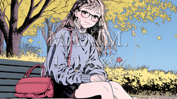 紅葉の秋の公園のベンチに座る若い女性