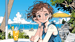 海辺の喫茶レストランで飲み物を飲んでいる若い女性