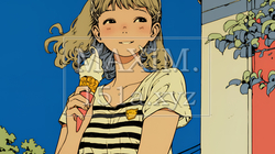夏空の下でソフトクリーム（コーンに乗ったアイスクリーム）をたべる若い女性｜3145320-11368