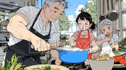 おじいさんが孫と一緒に料理を楽しそうに作っている