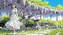 満開の藤の花の下を歩いている若い女性 | 3129535-7907